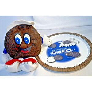 Vintage Set of Two Nabisco Oreo Cookie Ad Products Stuffed Oreo Man and Tin Tray